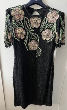 Vintage 90s Scala Silk Beaded Sequin Floral Dress Size 10 100% Silk